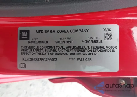 2015 Chevrolet Spark Ls Cvt z USA, uszkodzony, nr VIN KL8CB6S92FC796403